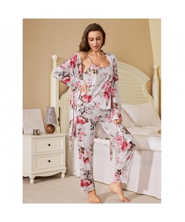 Women’s 3-Piece Milk Silk  Long Sleeve Robe Cami...