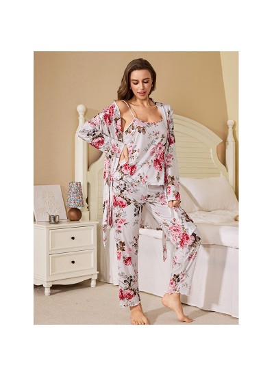 Women’s 3-Piece Milk Silk  Long Sleeve Robe Camisole Dress & Pants Loungewear Pajama Set