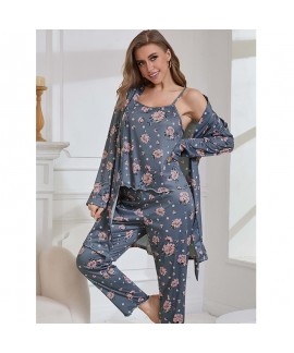Women’s 3-Piece Milk Silk  Long Sleeve Robe Camisole Dress & Pants Loungewear Pajama Set