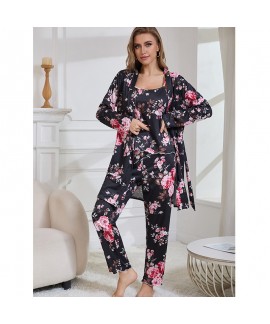 Women’s 3-Piece Milk Silk  Long Sleeve Robe Camisole Dress & Pants Loungewear Pajama Set
