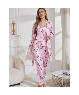 Women’s 3-Piece Milk Silk  Long Sleeve Robe Camisole Dress & Pants Loungewear Pajama Set