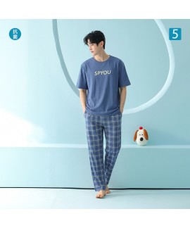 Antibacterial Cotton Men's Sleepwear Set Short Sleeve Tee & Long Pants for Spring Summer Lounge Home