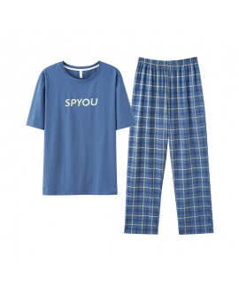 Antibacterial Cotton Men's Sleepwear Set Short Sleeve Tee & Long Pants for Spring Summer Lounge Home