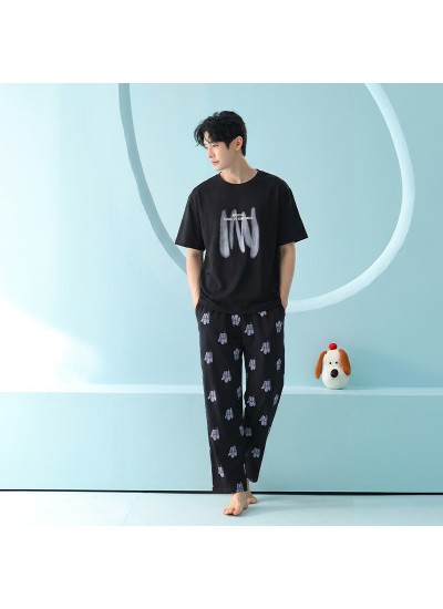 Antibacterial Cotton Men's Sleepwear Set Short Sleeve Tee & Long Pants for Spring Summer Lounge Home