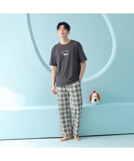 Antibacterial Cotton Men's Sleepwear Set Short Sleeve Tee & Long Pants for Spring Summer Lounge Home