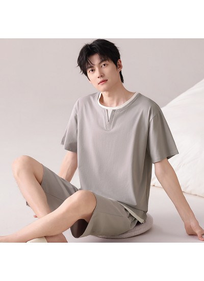 100% Cotton Men's Summer Pajama Set Short Sleeve Shorts Lightweight Breathable Lounge Wear