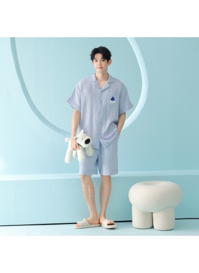 A-Grade Cotton Double-Layer Gauze Men's Short Sleeve Pajama Set - Summer Loungewear