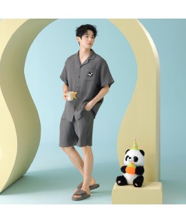 A-Grade Cotton Double-Layer Gauze Men's Short Sleeve Pajama Set - Summer Loungewear