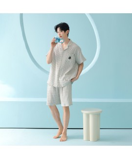 A-Grade Cotton Double-Layer Gauze Men's Short Sleeve Pajama Set - Summer Loungewear
