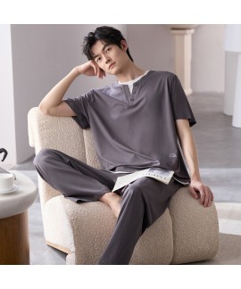 Cooling Modal Men's Sleepwear Set Short Sleeve Long Pants Lounge Suit for Home & Outdoor