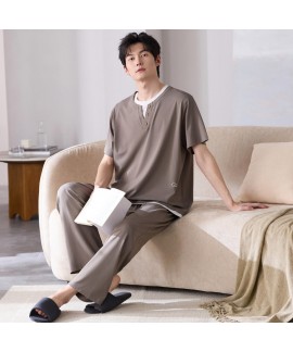 Cooling Modal Men's Sleepwear Set Short Sleeve Long Pants Lounge Suit for Home & Outdoor