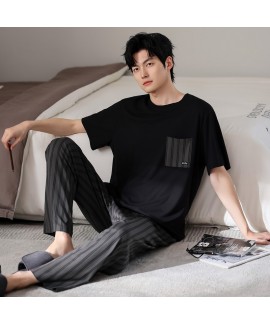 Cooling Modal Men's Sleepwear Set Short Sleeve Long Pants Lounge Suit for Home & Outdoor