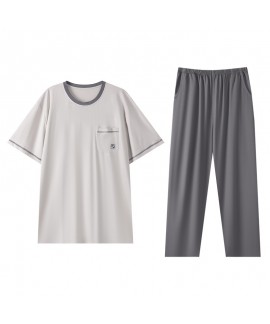 Cooling Modal Men's Sleepwear Set Short Sleeve Long Pants Lounge Suit for Home & Outdoor