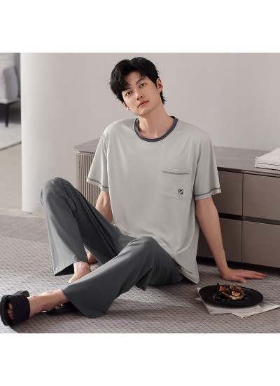 Cooling Modal Men's Sleepwear Set Short Sleeve Long Pants Lounge Suit for Home & Outdoor
