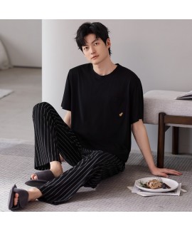 Modal Men's Summer Pajama Set Short Sleeve Round Neck Lounge Sleepwear with Pants, Plus Size, Breathable Homewear