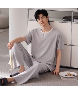 Modal Men's Summer Pajama Set Short Sleeve Round Neck Lounge Sleepwear with Pants, Plus Size, Breathable Homewear