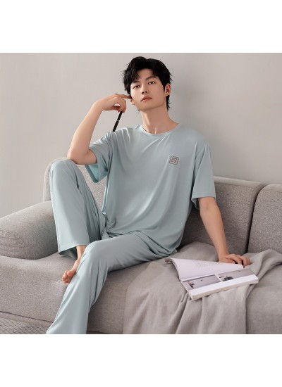 Modal Men's Summer Pajama Set Short Sleeve Round Neck Lounge Sleepwear with Pants, Plus Size, Breathable Homewear
