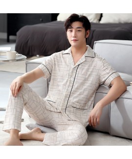 100% Cotton Men's Sleepwear Set: Short Sleeve Cardigan & Long Pants, Breathable & Comfortable Loungewear