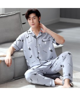 100% Cotton Men's Sleepwear Set: Short Sleeve Cardigan & Long Pants, Breathable & Comfortable Loungewear