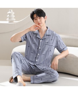 100% Cotton Men's Sleepwear Set: Short Sleeve Cardigan & Long Pants, Breathable & Comfortable Loungewear