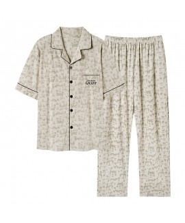100% Cotton Men's Sleepwear Set: Short Sleeve Cardigan & Long Pants, Breathable & Comfortable Loungewear