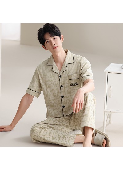 100% Cotton Men's Sleepwear Set: Short Sleeve Cardigan & Long Pants, Breathable & Comfortable Loungewear