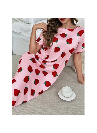 Sweet Strawberry Print Milk Silk Ultra Ruffle Sleeve Nightgown For Women