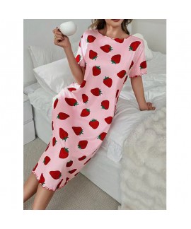 Sweet Strawberry Print Milk Silk Ultra Ruffle Sleeve Nightgown For Women