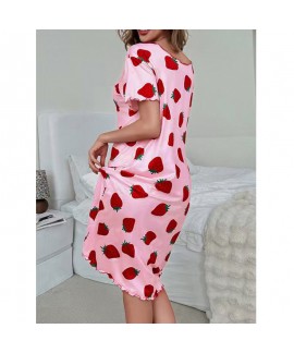 Sweet Strawberry Print Milk Silk Ultra Ruffle Sleeve Nightgown For Women