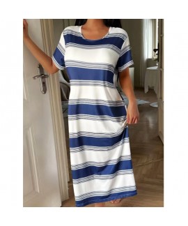Striped Milk Silk MaxiLoose Fit Round Neck Casual Long Women’s Dress For Spring & Summer