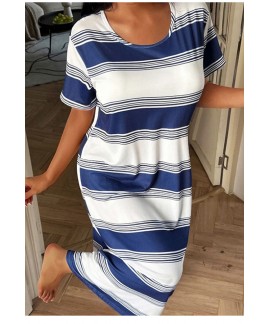 Striped Milk Silk MaxiLoose Fit Round Neck Casual Long Women’s Dress For Spring & Summer