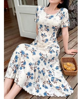 Women's Floral Print Milk Silk Maxi Summer Crewneck Loose Cute Casual Outwear Nightgown