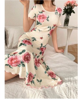 Women's Floral Print Milk Silk Maxi Summer Crewneck Loose Cute Casual Outwear Nightgown