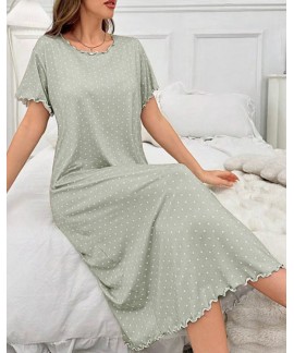 Polka Dot Milk Silk Short Sleeve Ruffle Trim Night...