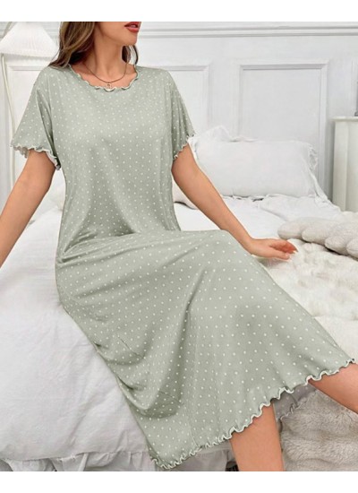 Polka Dot Milk Silk Short Sleeve Ruffle Trim Nightgown For Women