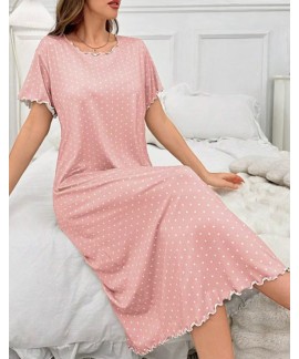 Polka Dot Milk Silk Short Sleeve Ruffle Trim Nightgown For Women