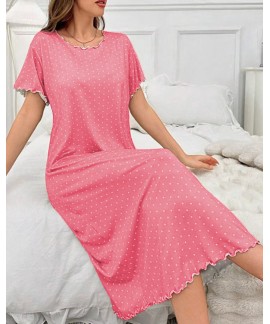 Polka Dot Milk Silk Short Sleeve Ruffle Trim Nightgown For Women
