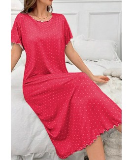 Polka Dot Milk Silk Short Sleeve Ruffle Trim Nightgown For Women