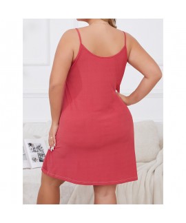 Plus Size Red V-Neck Camisole Nightdress Sexy Lace Trim Milk Silk Sleeveless Sleepshirt Loose Fit Breathable Loungewear For Women