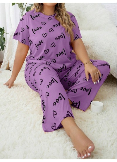 Plus Size Heart Print Soft Milk Silk Short Sleeve Top & Long Pants Pajama Set