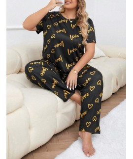 Plus Size Heart Print Soft Milk Silk Short Sleeve Top & Long Pants Pajama Set