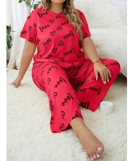 Plus Size Heart Print Soft Milk Silk Short Sleeve Top & Long Pants Pajama Set