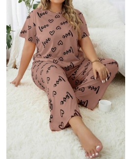 Plus Size Heart Print Soft Milk Silk Short Sleeve Top & Long Pants Pajama Set