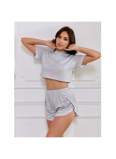 Striped Knit Milk Silk Long Sleeve Top & Shorts Breathable S-XXL Pajama Set