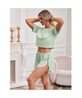 Striped Knit Milk Silk Long Sleeve Top & Shorts Breathable S-XXL Pajama Set