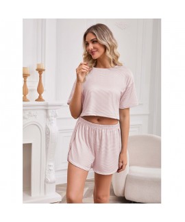 Striped Knit Milk Silk Long Sleeve Top & Shorts Breathable S-XXL Pajama Set