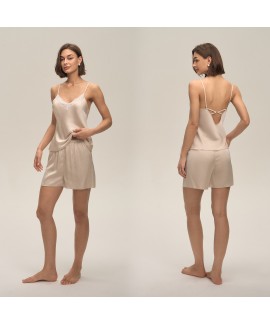 Elegant Lace Trim Faux Silk Cam Ultra Thin Summer Satin Sleepwear Sexy Sleeveless Top & Shorts Pajama Set