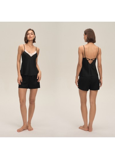 Elegant Lace Trim Faux Silk Cam Ultra Thin Summer Satin Sleepwear Sexy Sleeveless Top & Shorts Pajama Set