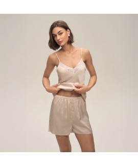 Elegant Lace Trim Faux Silk Cam Ultra Thin Summer Satin Sleepwear Sexy Sleeveless Top & Shorts Pajama Set