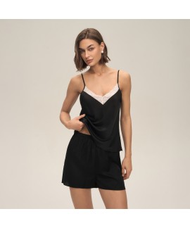 Elegant Lace Trim Faux Silk Cam Ultra Thin Summer Satin Sleepwear Sexy Sleeveless Top & Shorts Pajama Set